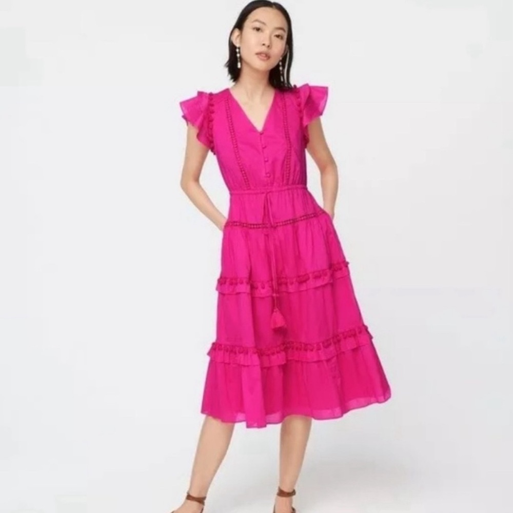 JCrew Point Sur Flamingo Pink PomPom Midi Dress sz 0